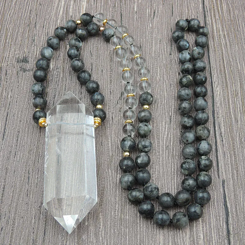 

Natural Crystal Quartz Point Pendant Necklaces 8mm Black Labradorite Round Beads Knot Handmade 30Inch And 40Inch