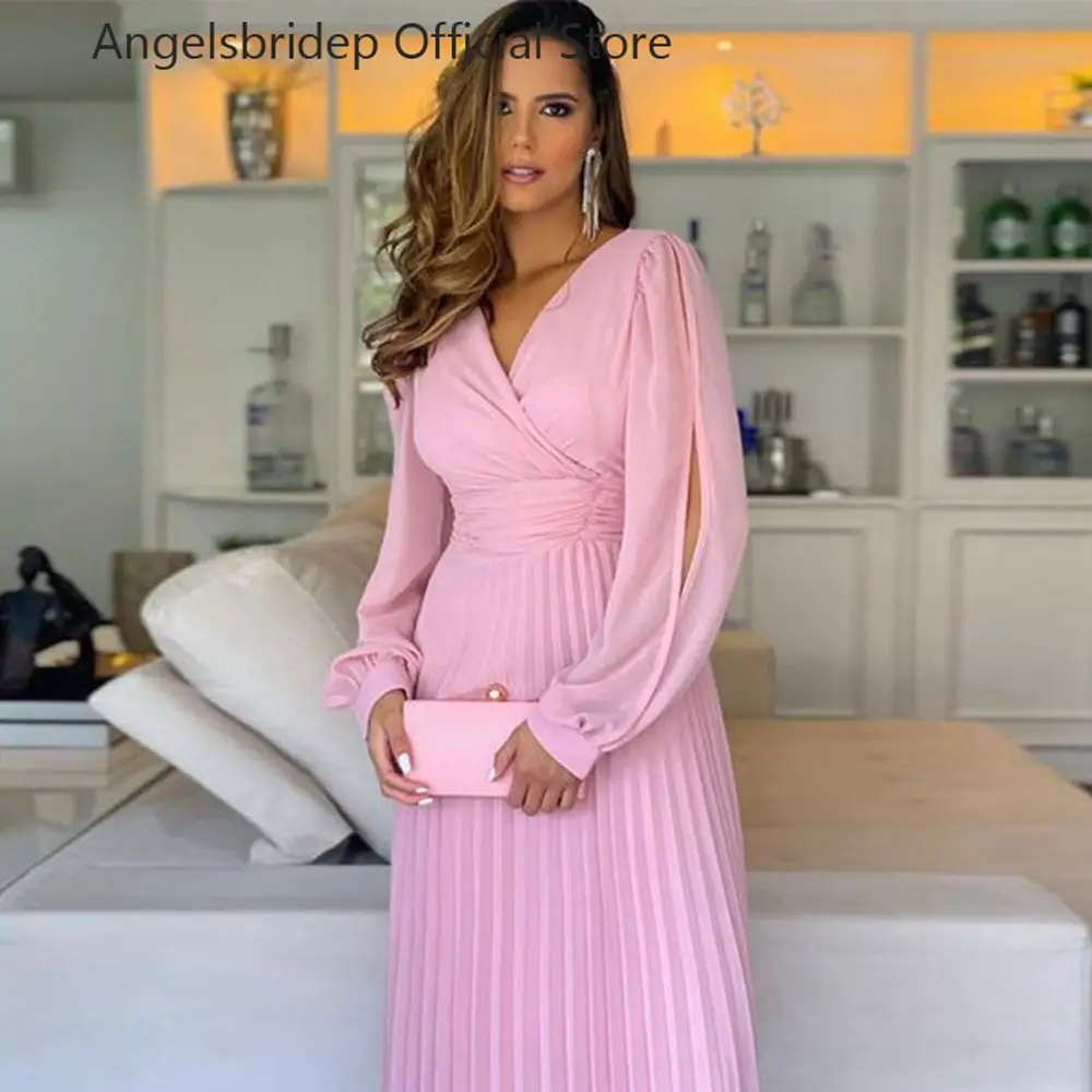 

Angelsbridep V-neck Pink A-line Robe De Soiree Prom Dresses Long Sleeves Chiffon Pleat Evening Dress Abiti Da Cerimonia Donna