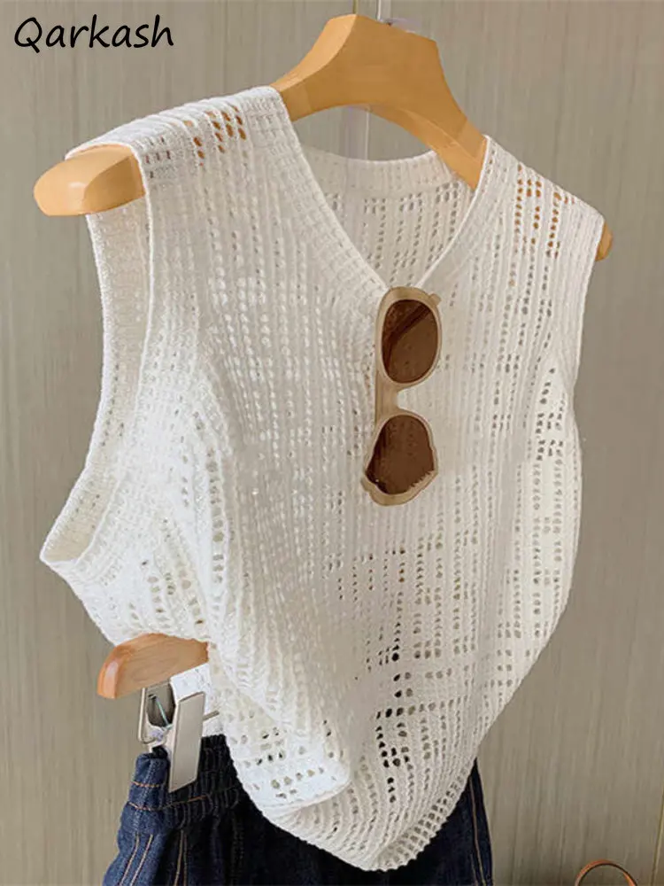 

Hollow Out Vest Women Vintage Summer Simple Streetwear Vacation Female Fashion All-match Elegant Daily Beach Style Ulzzang New