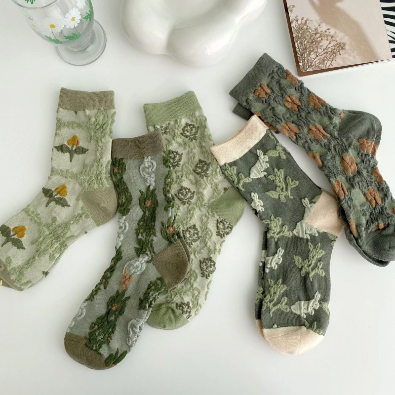 

Green Socks Women's Middle Tube Ins Tide Pure Cotton Spring and Autumn Japanese Retro Floral Fashion Personality Wear Stockings