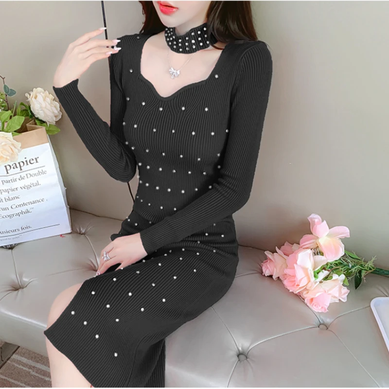 

Роскошный элегантный вязаный свитер во французском стиле знаменитостей с длинными рукавами и гвоздиками универсальная юбка наряды для жен...