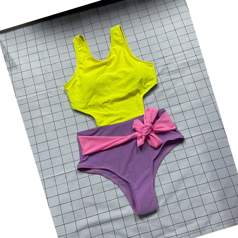 Женский сексуальный слитный купальник с пуш-ап со шнуровкой и бантом боди