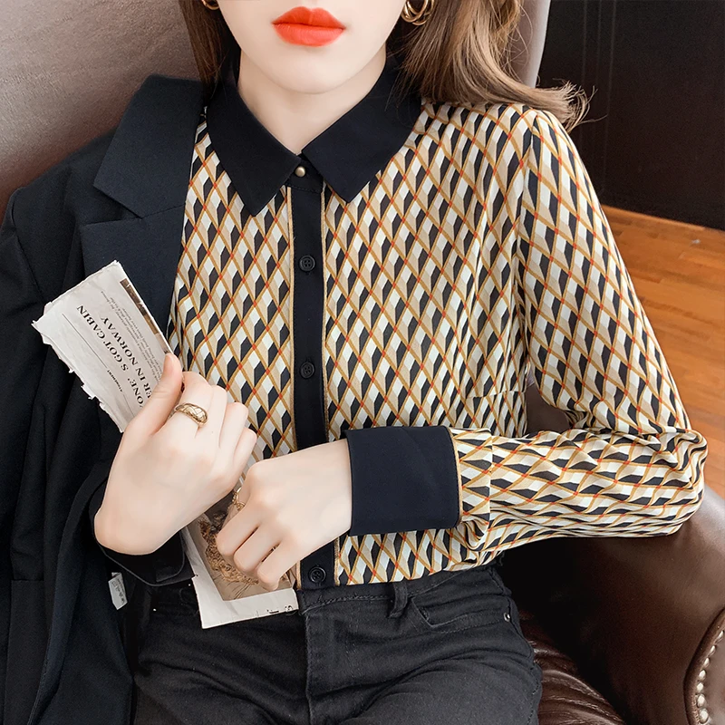 

Long Sleeve Blouse Diamond Print Classic Women Shirts New Design Sense Temperament Retro Blouse Loose Fashion Chiffon Tops