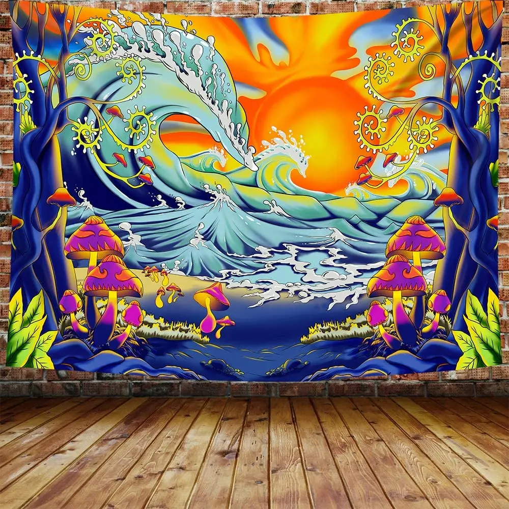 

Psychedelic Mushroom Tree Tapestry Hippie Ocean Wave Tapestries Art Trippy Fantasy Great Wave with Sunset Backdrop for Room Dorm