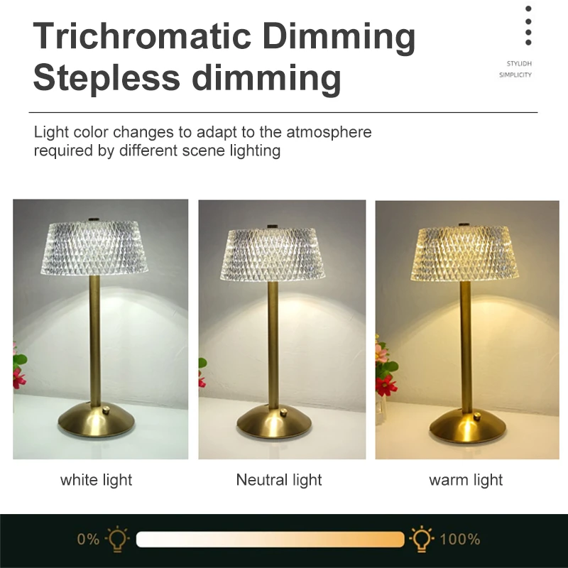 Crystal Table Lamp Acrylic Decoratio Touch Dimming Desk Lamp LED Cordless Rechargeable Bedside Light Atmosphere Night Light
