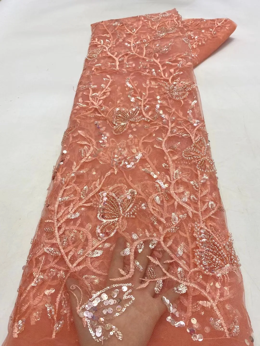 

2022 French Peach For Party Dress Sew Luxury Handmade Sequins 5 Yards Beaded Lace High Quality Africa Tulle Sequins Lace Fabric