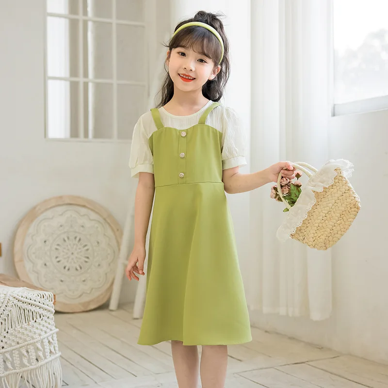 

Girls Sweet Dress 2023 Summer New Fashionable Princess Dress Fake Two-Piece Suspender Clothing, #7446