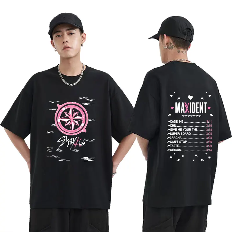 

Kpop Korean Fashion Stray Kids Maxident Print T Shirts Vintage Loose Streetwear Summer Tshirt Couples Casual 100% Cotton Tees