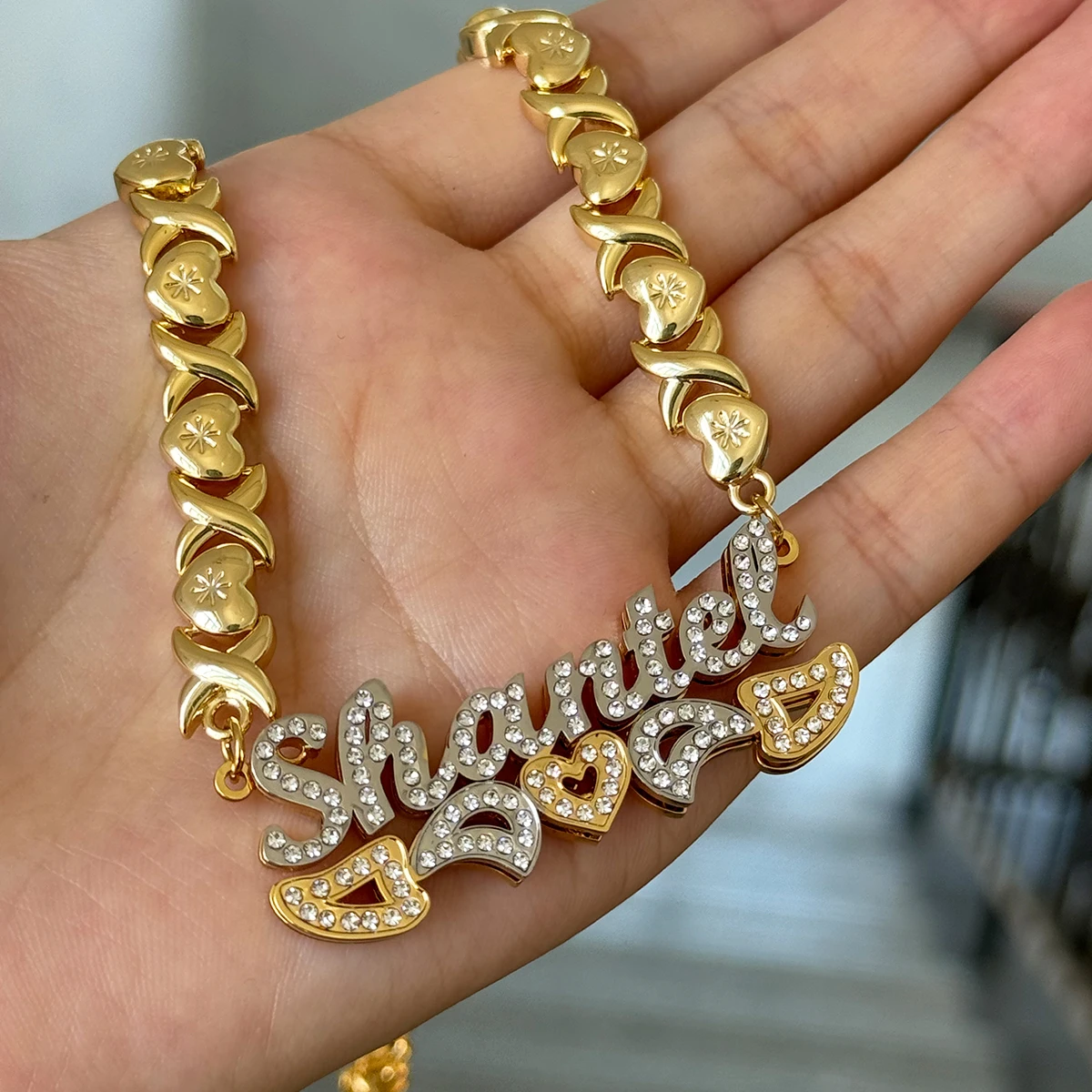 Ожерелье с именем на заказ цепочка XOXO кулон из нержавеющей стали 3D двухцветное