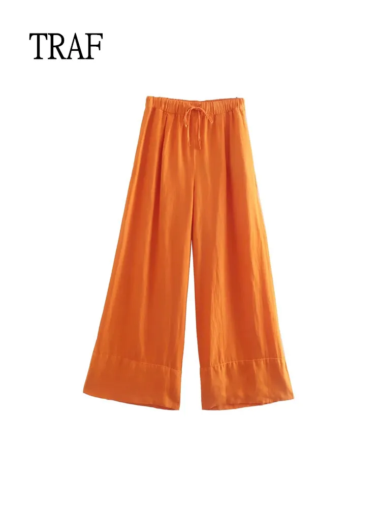 

TRAF Linen Wide Pants Women 2022 Y2k Fashion Drawstring High Waist Pant Woman Vintage Loose Trouser Suits Casual Holiday Lady