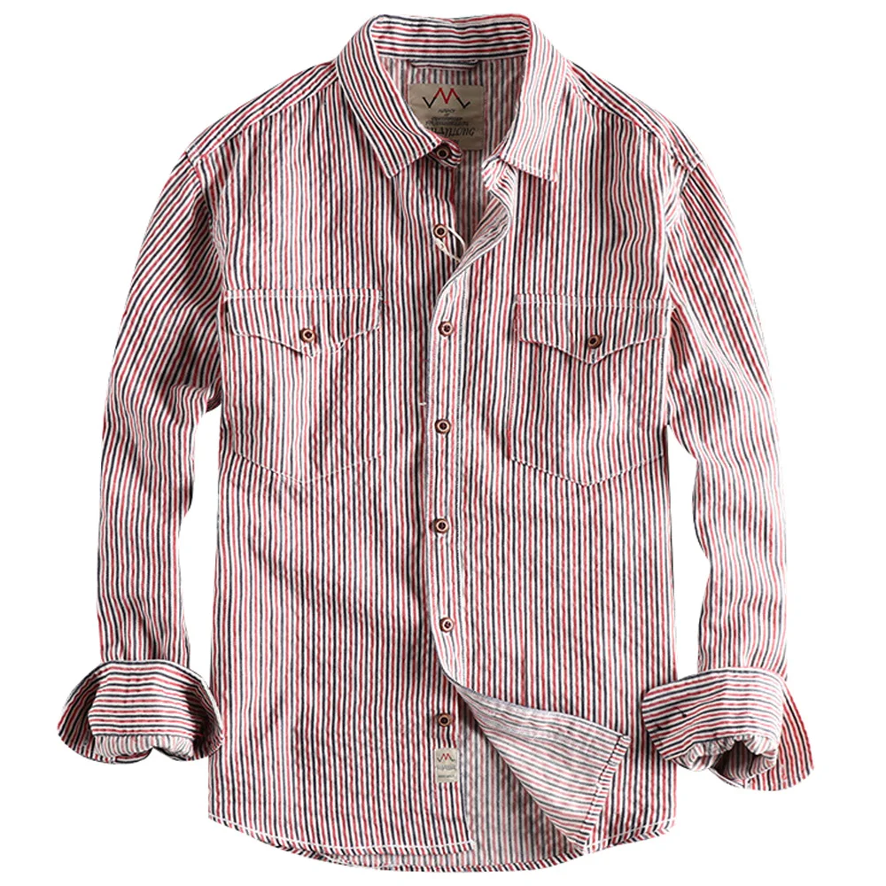 

Полосатая Корейская трендовая Свободная рубашка для мужчин, хлопковая верхняя одежда, рубашки для молодых людей, футболки в японском ретро стиле с длинным рукавом, уличная одежда
