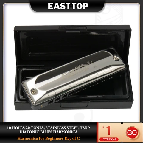 EASTTOP T002 гармоника с 10 отверстиями, 20 оттенков, блюз, гармоника с кнопкой из нержавеющей стали, Гарпа диатоническая для взрослых и детей - изображение