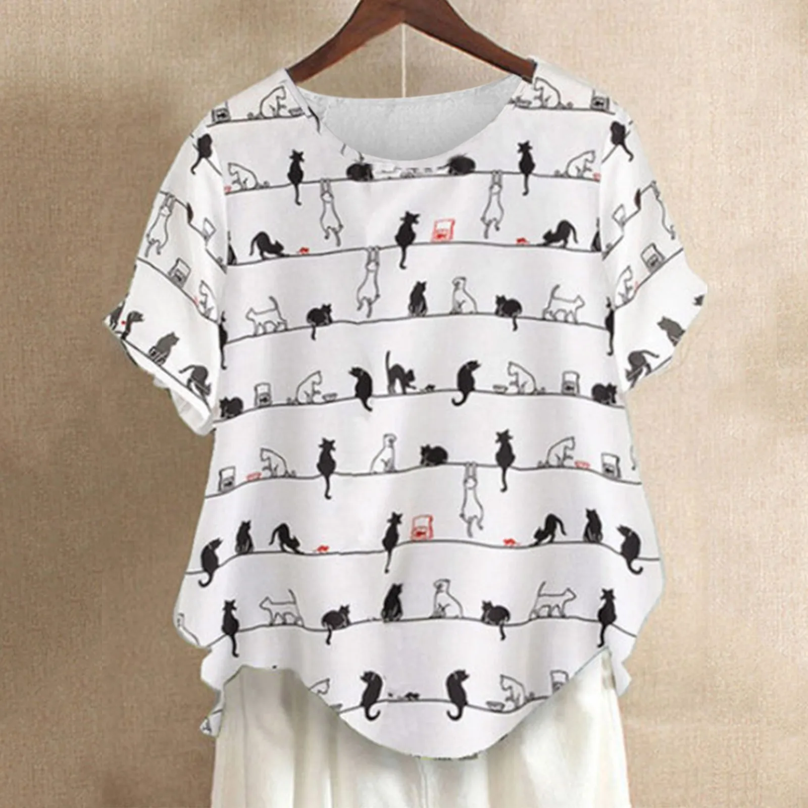 

Women Blouse Summer Shirt Funny Cat Line Printed Short Sleeve Round Neck T-shirt Kaftan Casual Linen Shirts Plus Size Tee Tops