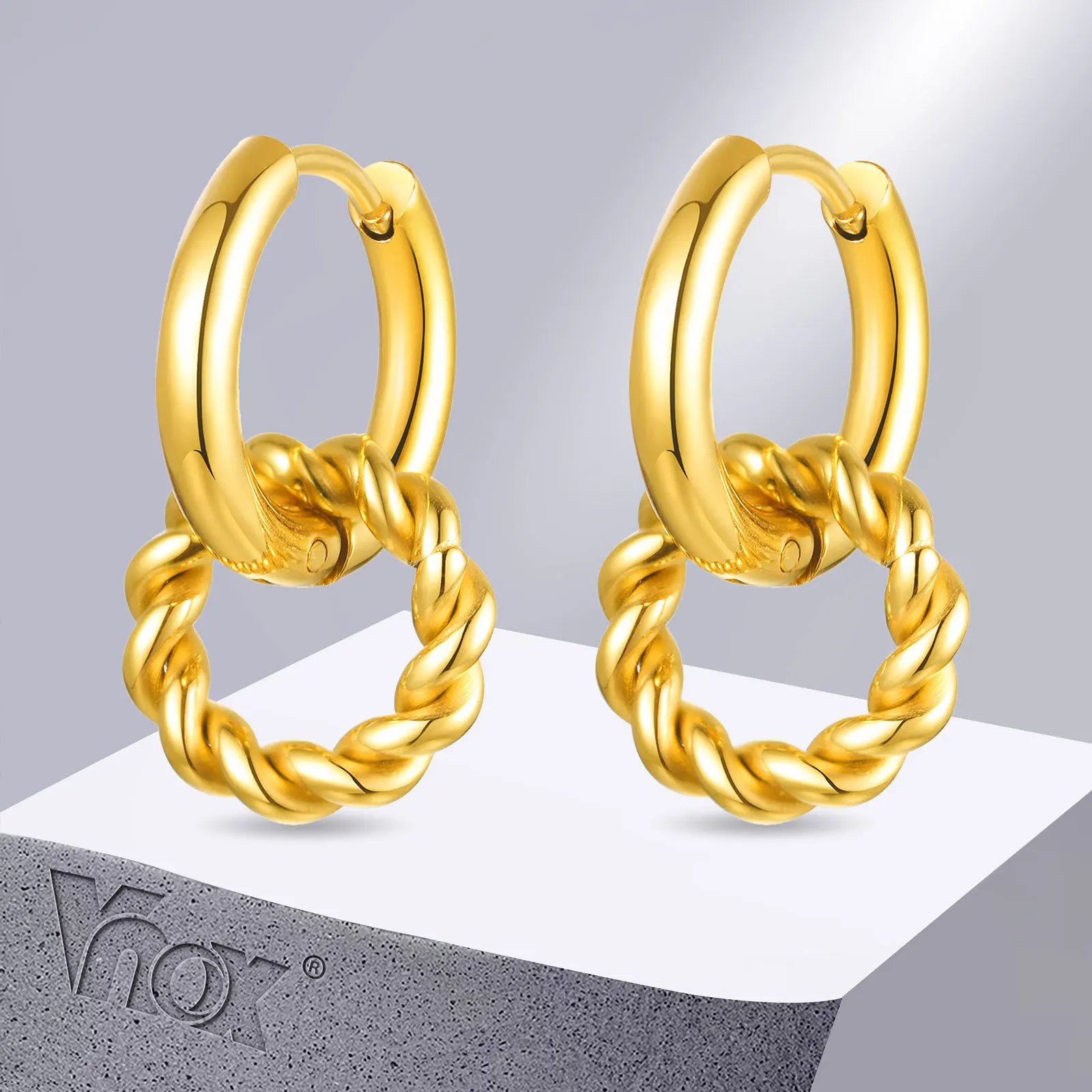 

Vnox Interlocked Circle Earrings for Women, Removable Twisted Round Gold Color Stainless Steel Hoop, Stylish Girls Huggie