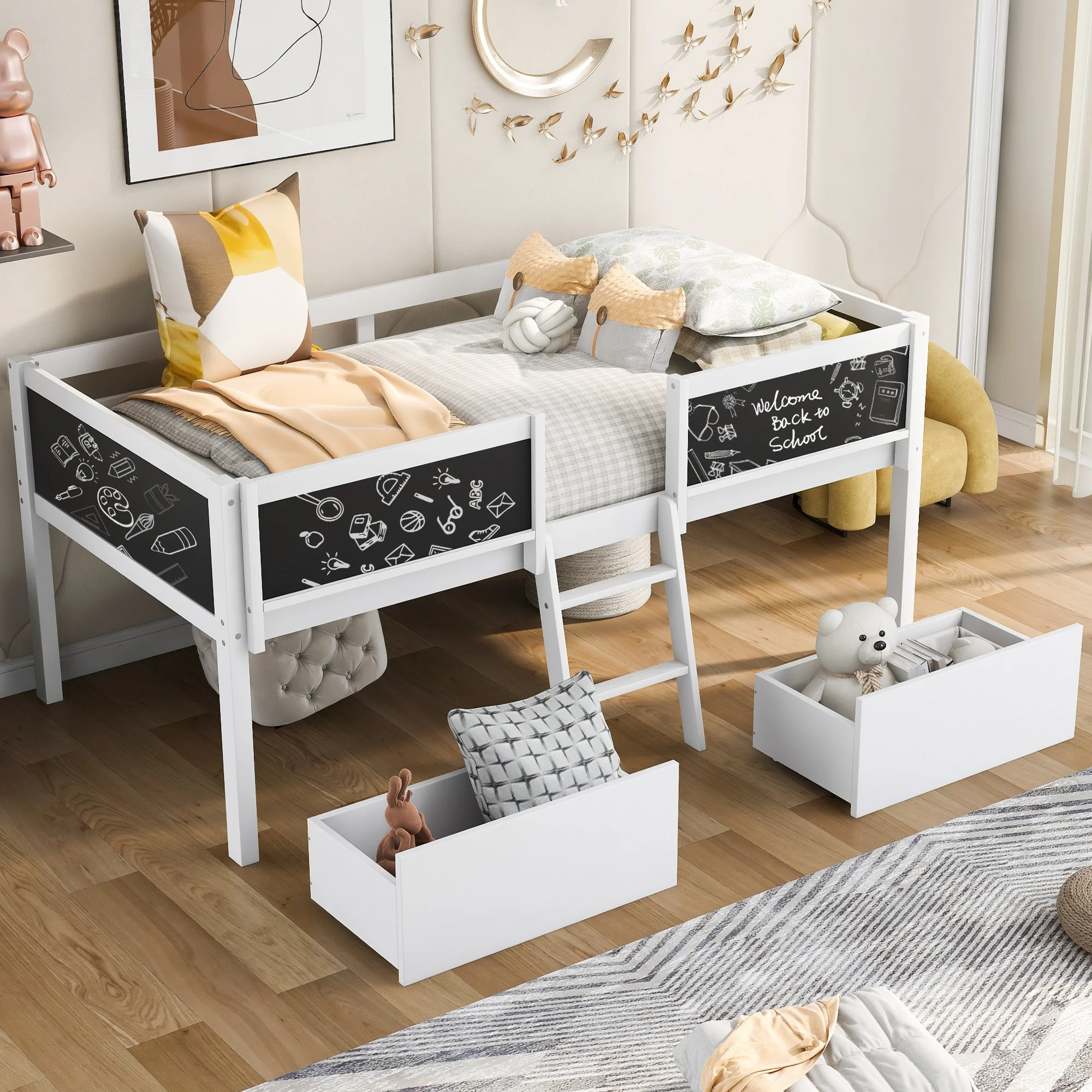 

Twin Size Low Loft Bed with Two Drawers,with Decorative Guardrail Chalkboard,White