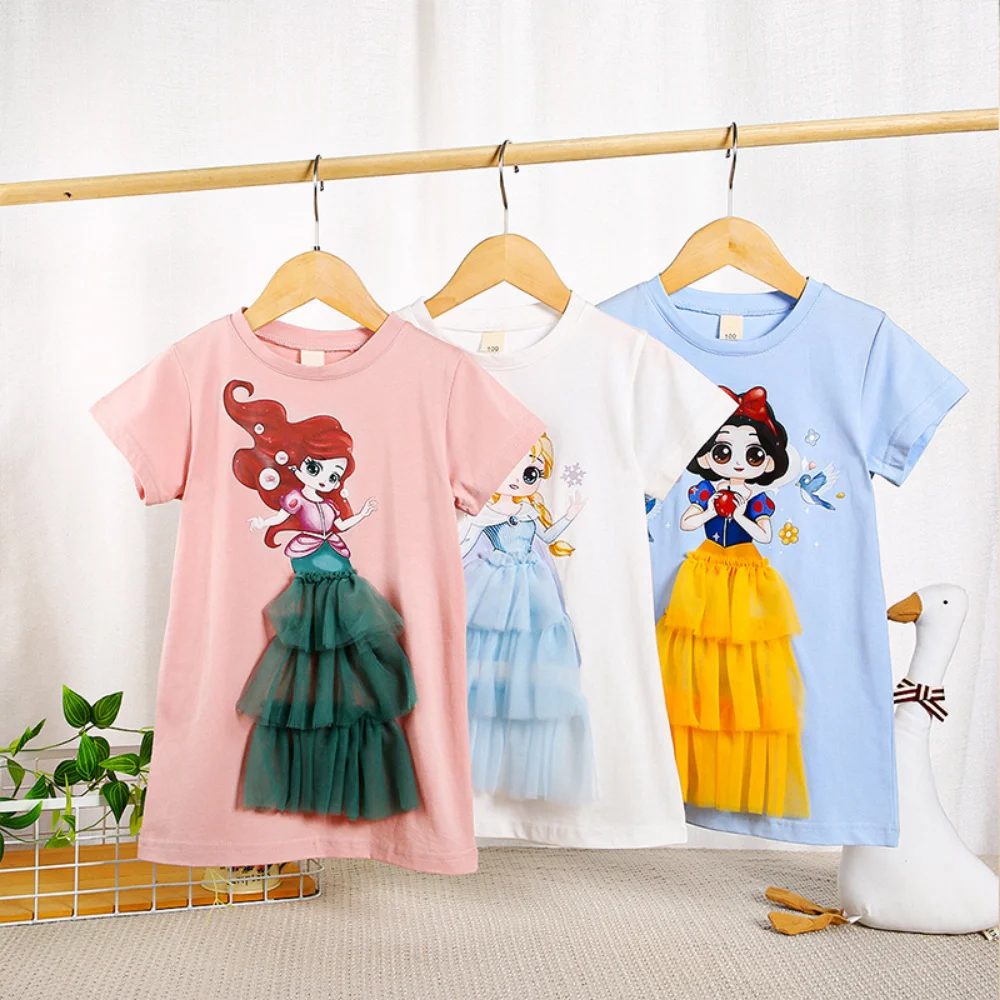 

Children's Girl 2023 Fashion Summer Short Sleeve Long T-shirt Dress Gauze Patchwork Disney Princess Elsa Mermaid Print Dresses