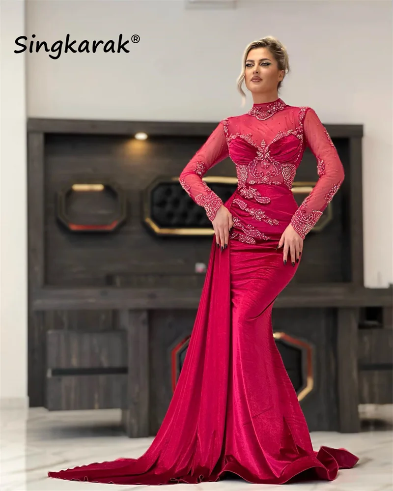 

Luxury Dubai Mermaid Evening Dress 2023 Long Sleeves Pearls Beading Crystal Birthday Prom Party Gown Robe De Soirée Court Train