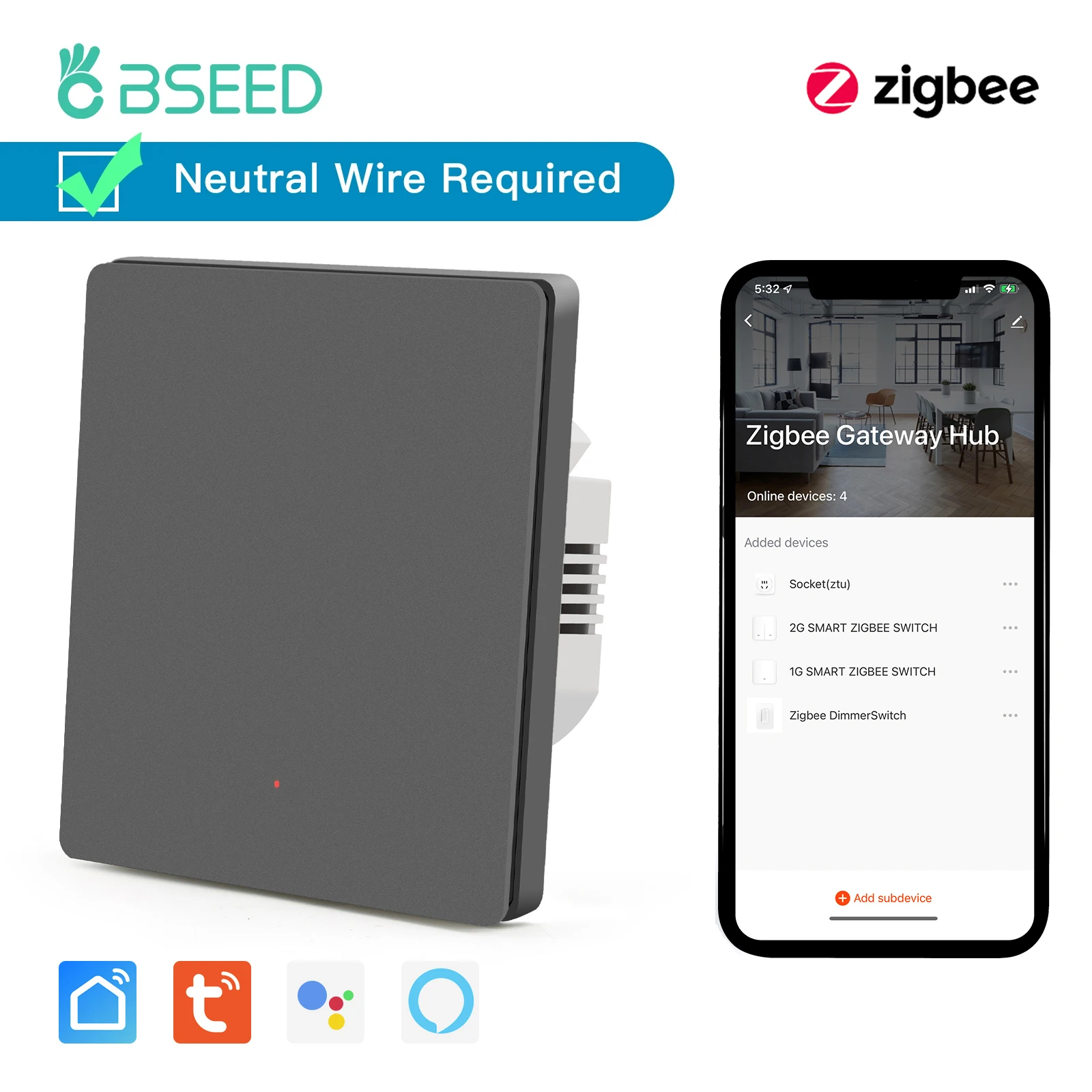 

Умные выключатели BSEED Zigbee 1/2/3 клавиши