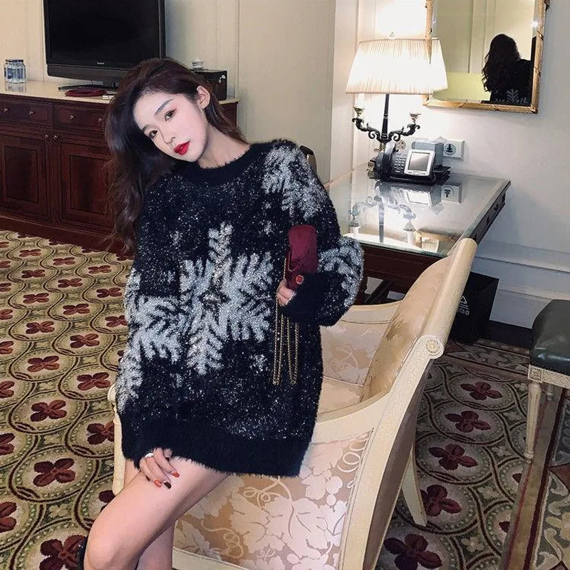 

Новинка Осень-зима 2022, Свободный пуловер средней длины в виде снежинок, женская верхняя одежда, Молодежные универсальные пуловеры, темперам...