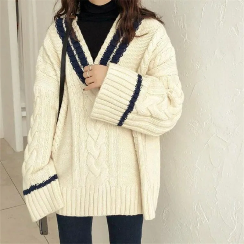 

2023 Fashion Casual Slim Color-block Thick V-neck Sweater Autumn/Winter Extravaganza Plus-size Loose Versatile Twist-knit Jacket
