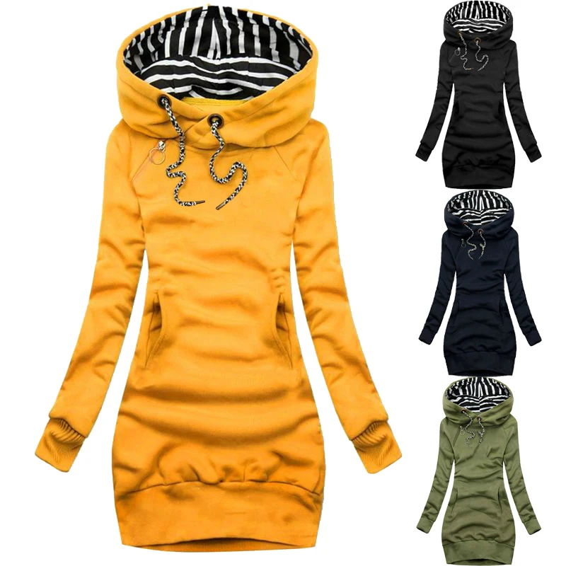 

Women Hoodie Dress Sweatshirt Pullover Dress Autumn Winter Brand Printed Cotton Long Sleeve Slim Pocket Hoodie Dress S-3XL