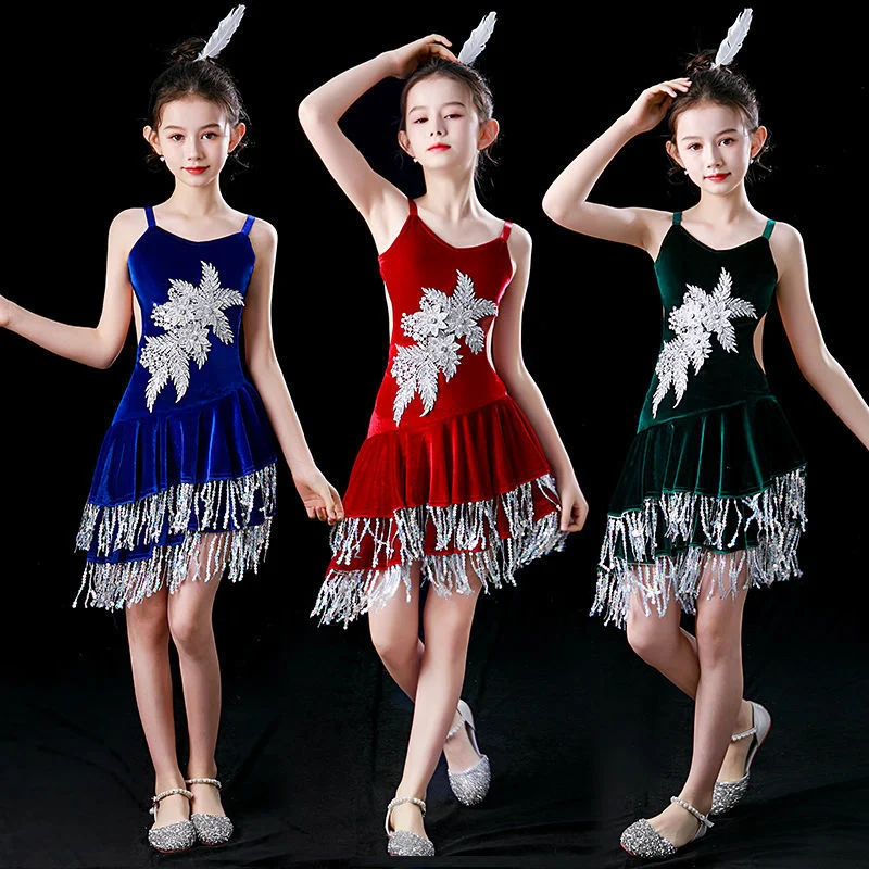 

2023 New Children's Latin Skirt Lala Five point Standard Sleeveless Seven point Girls' Performance Dance Children's Sling rumba