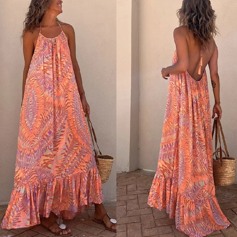 

Spaghetti Strap Dress Elegant Women's Sexy Strap Maxi Dress 2023 Summer Fashion Print Backless Loose African Clothing Vestido