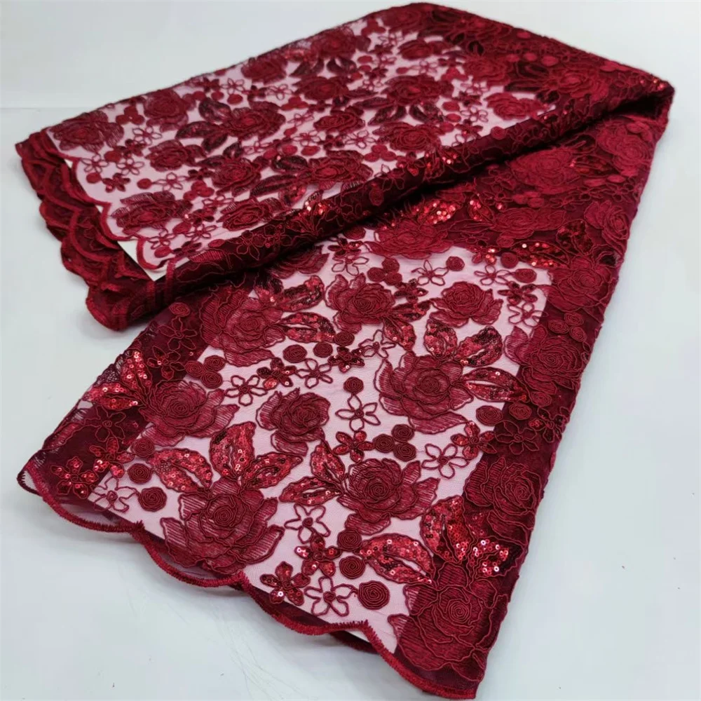 

Wine African Lace Fabric 5 Yards 2023 High Quality Nigerian French Mesh Lace Fabric With Sequins For Wedding Party Dress Wp08-3