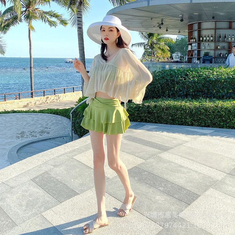 

Swimsuit Women 3 Piece Swimsuit Skirt Style Bikini Cove Belly Sexy Korean High Waist Short Sleeve Dress Summer Swimsuit Dropship