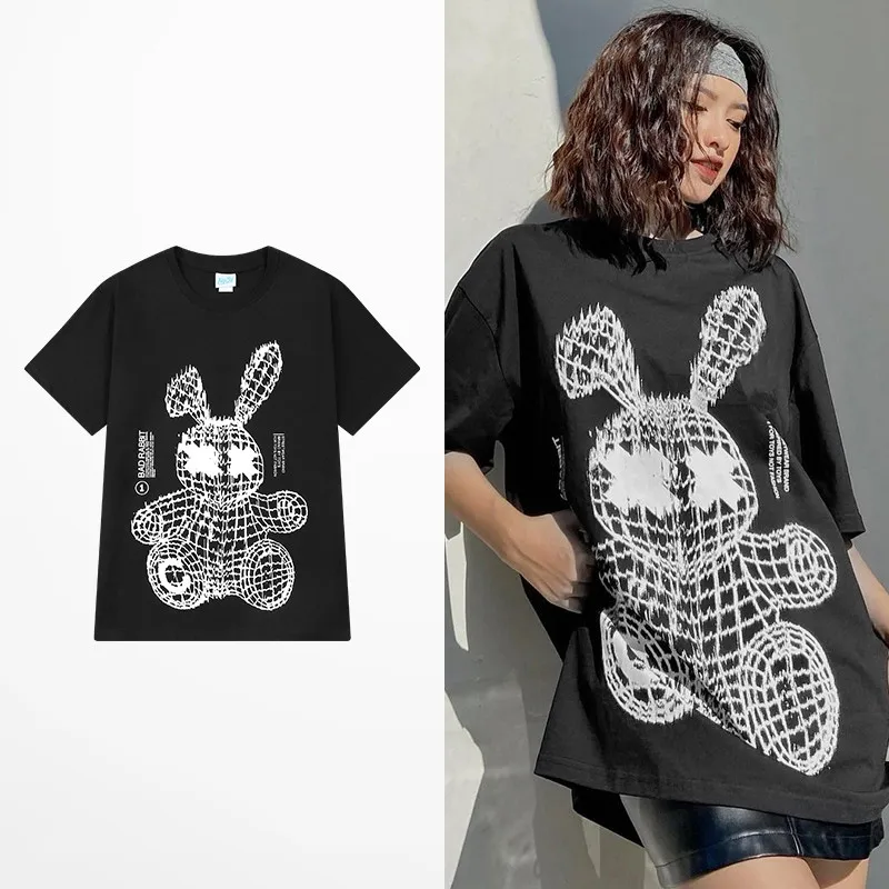 Camiseta con estampado divertido de conejo malo para hombre, ropa de calle de marca de moda, camiseta negra de marca de moda de Mashimaro