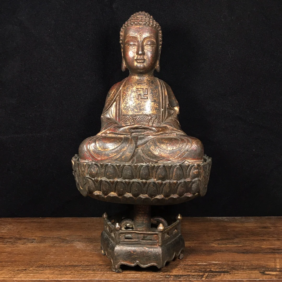 

10" Tibetan Temple Collection Old Bronze cinnabar gilded Shakyamuni Buddha three floors lotus platform worship buddha Town house