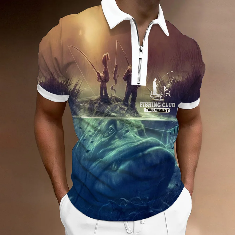 

Casual Fishing Polo Shirt Hawaiian Style Print Personality Short Sleeve Animal Graphic Streetwear Zipper Design Tops Oversized