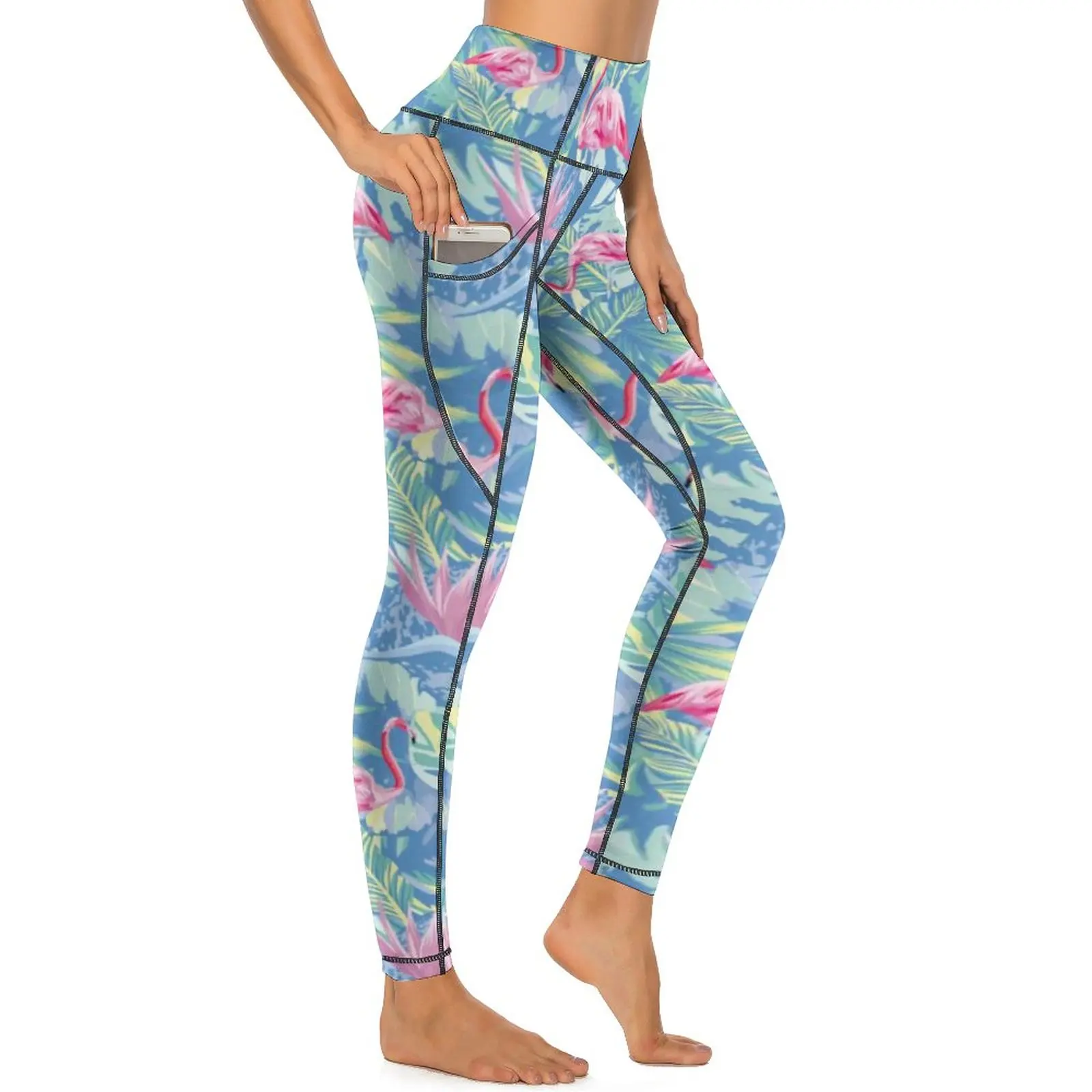 

Качественные штаны для йоги с пальмовыми листьями, женские леггинсы с тропическим розовым и синим фламинго, милые эластичные колготки для й...