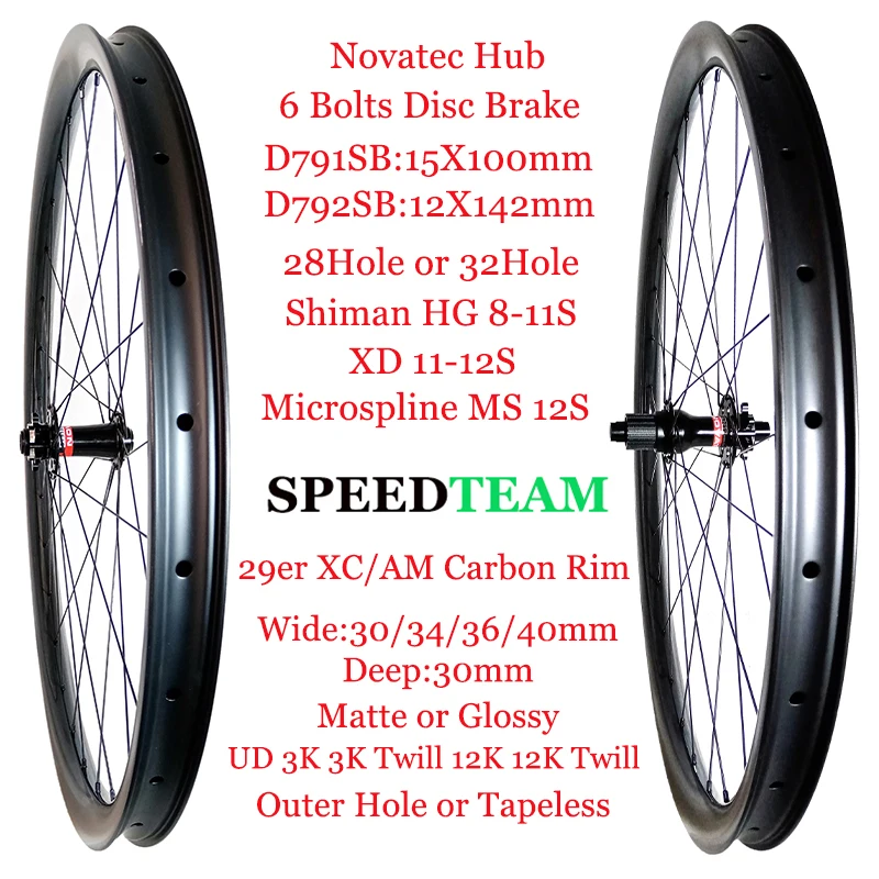 

29er MTB XC AM Wheelset 30/34/36/40mm Wide Carbon Rim 30mm Deep 28/32Hole Novatec 6 Bolt D791SB D792SB Hub Shiman XD Microspline
