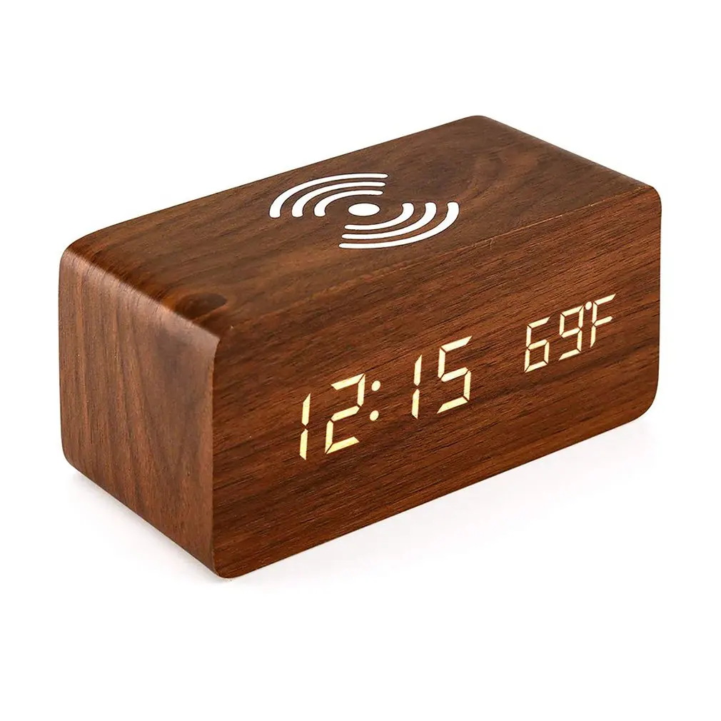 Wooden Alarm Clock Table Clock Voice Control Electronic Clock Desktop Clock With Wireless Charging