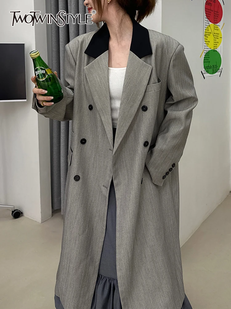 

Женский Длинный блейзер TWOTWINSTYLE, голубой Повседневный Блейзер составного кроя с английским воротником и длинными рукавами на пуговицах на лето 2019