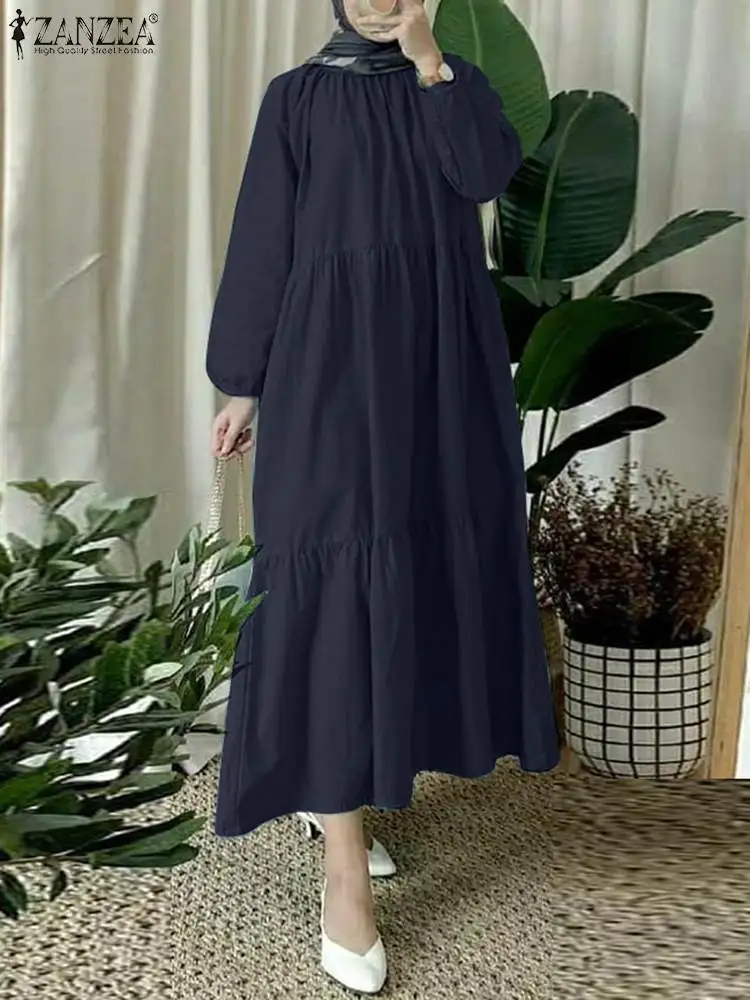 

Vintage Long Sleeve Ruffle Loose Abaya Sundress ZANZEA Eid Mubarek Women Muslim Dress Turkey Hijab Dress Jilbab Islamic Clothing