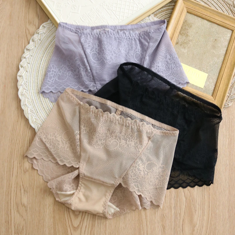 

Mulberry Silk Underwear Women's Mid Waist Seamless Quick Drying Breathable Sexy Translucent Summer Briefs Lace Mesh Panties