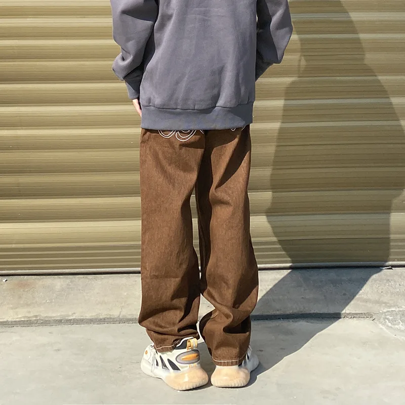 Four Seasons Men's Jeans Fashion Street Hip Hop Straight Patches Loose Versatile Solid Color Wide Leg Pants Street Men Clothing