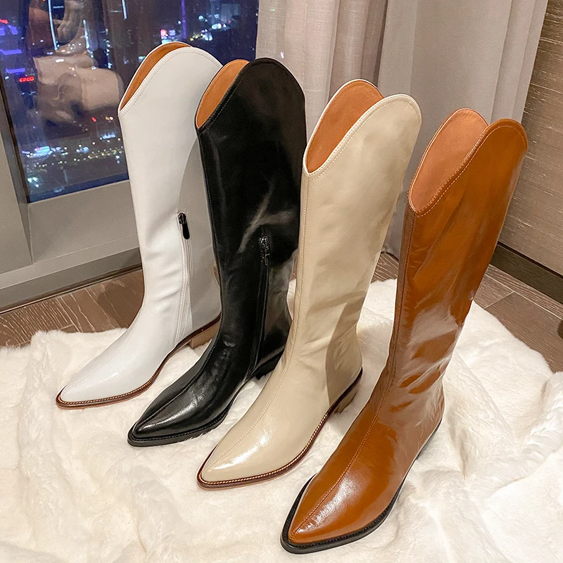 

brand Western Cowboy Boots Women's Retro Long Tube Knee Length Boots Pointed White Boots Leather V-mouth High Tube Knight Boots