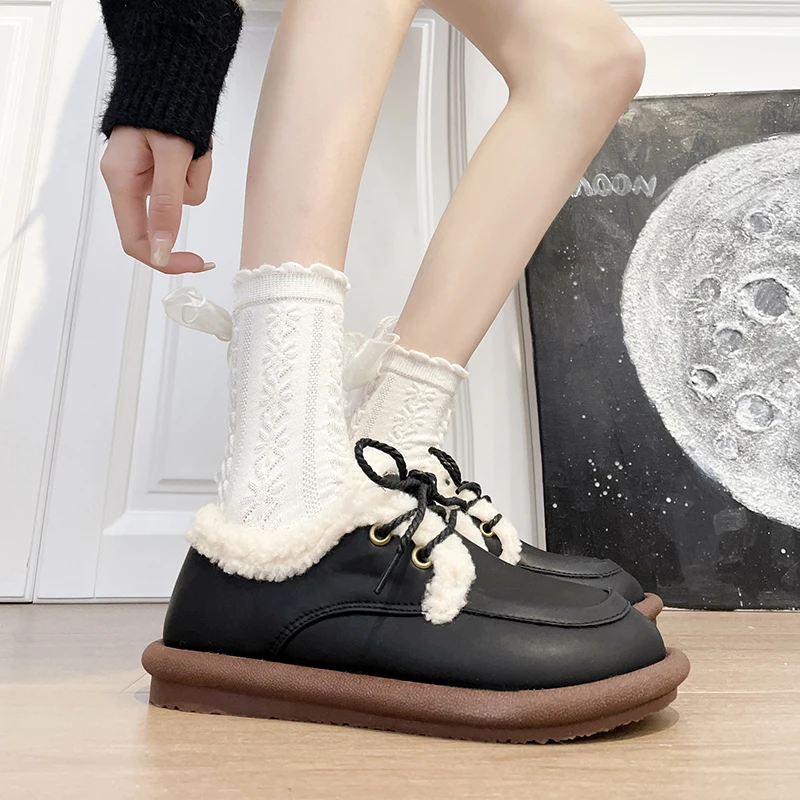 

Casual Woman Shoe Clogs Platform Female Footwear Round Toe Shallow Mouth Oxfords British Style Loafers With Fur Modis Creepers D