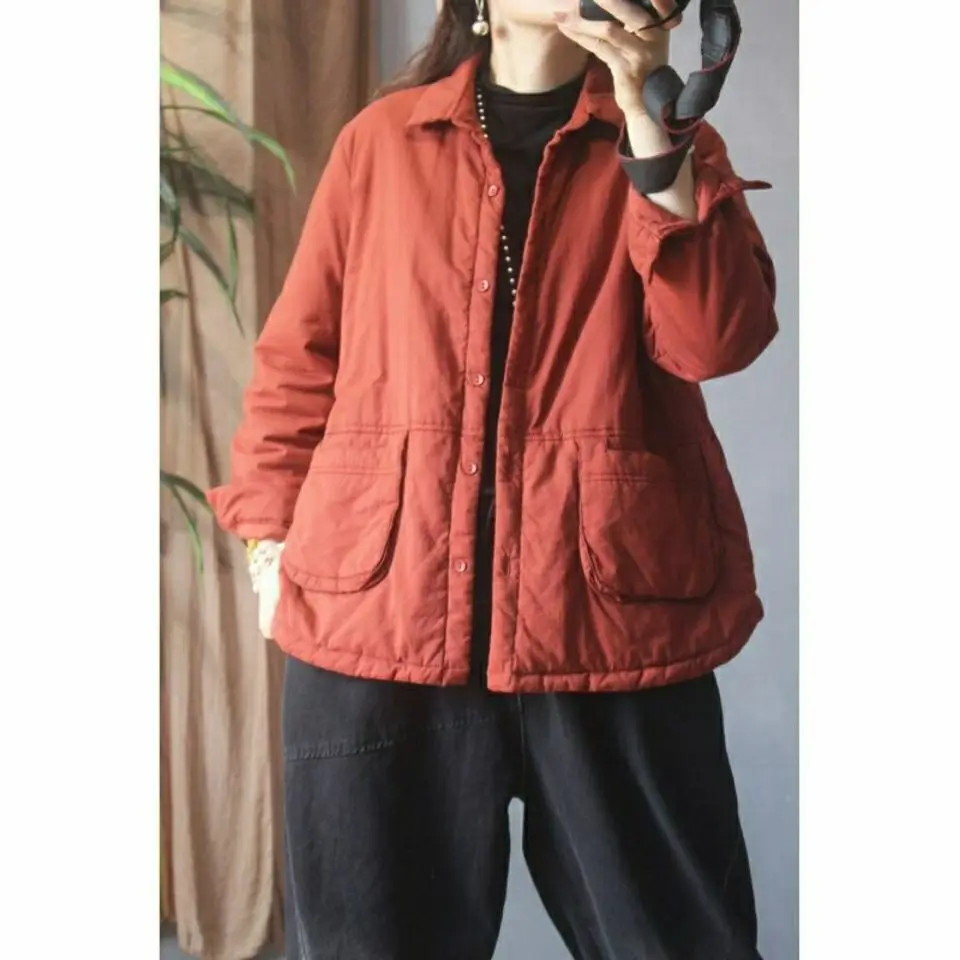 

Retro Literary Jacket Women Winter Coats Yellow Red Oversized Single-breasted Quilted Jacket Casual Loose Pocket Puffer Parkas