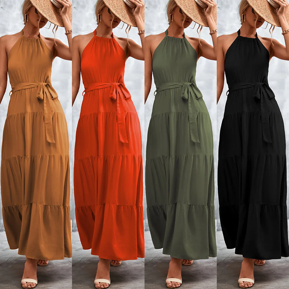 

2022 Summer New Fashion Simple Sexy Halter Neck Tie Halter Dress Women