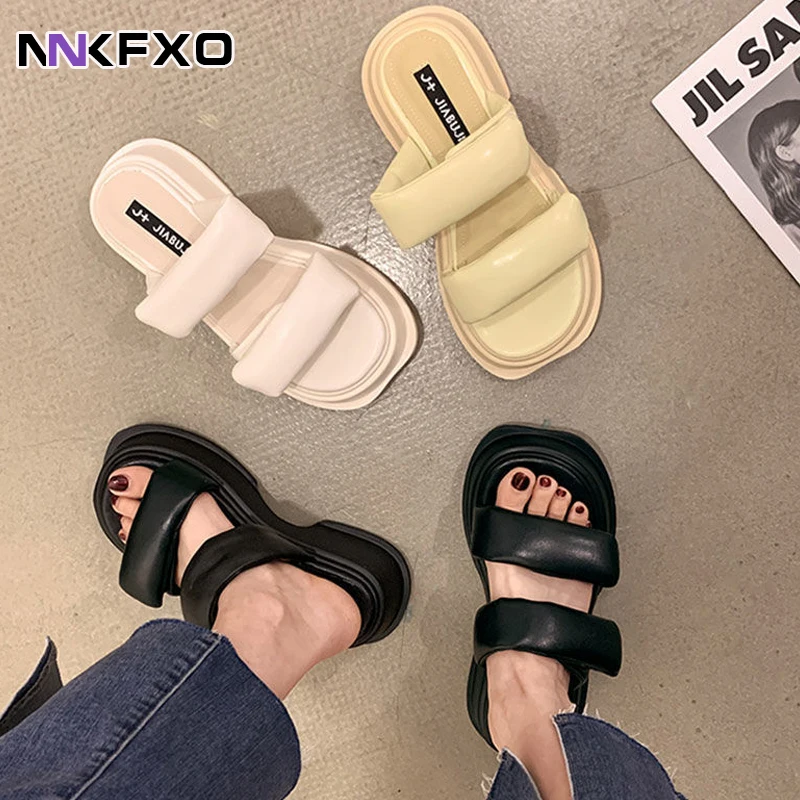

2022 Street Style Chunky Heel leather Platform Slides Women Summer Beach Outdoor Designer Slippers Ladies Sandals New vc4177