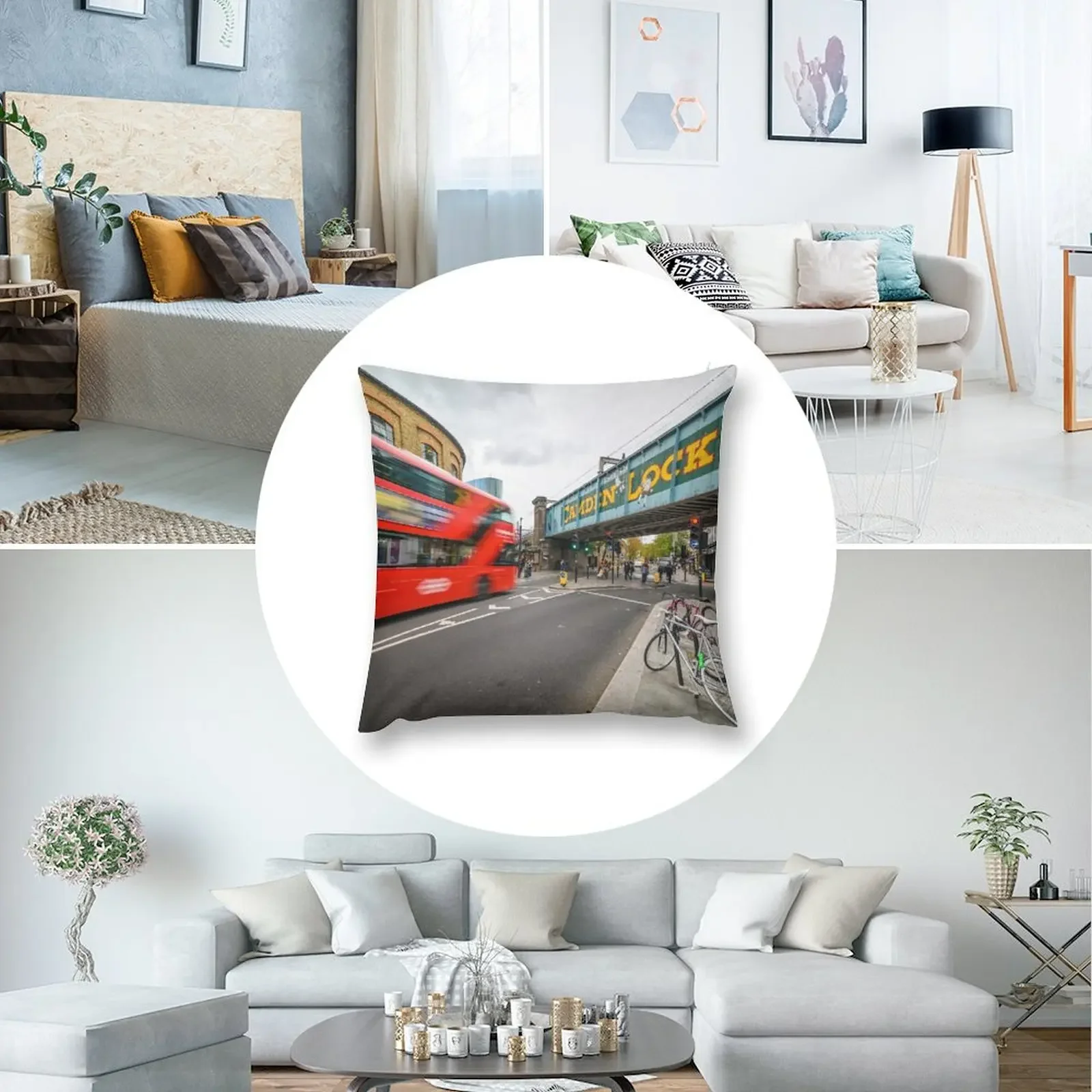 Красный Лондонский двухэтажный автобус перед мостом Camden Lock декоративная подушка