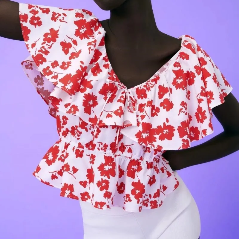 

Женская многослойная декоративная красная блузка с цветочным принтом, модный сексуальный короткий топ с V-образным вырезом и оборками на ру...