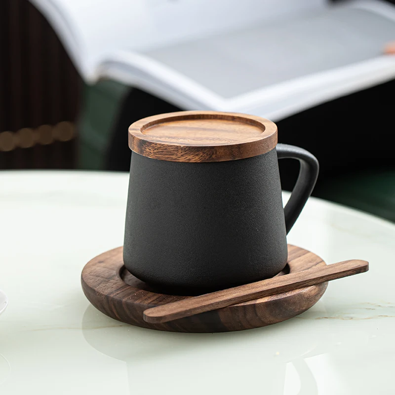 INS Nordic Style Ceramic Coffee Office Cup Black Walnut Wooden Lid Cup Saucer Wooden Spoon