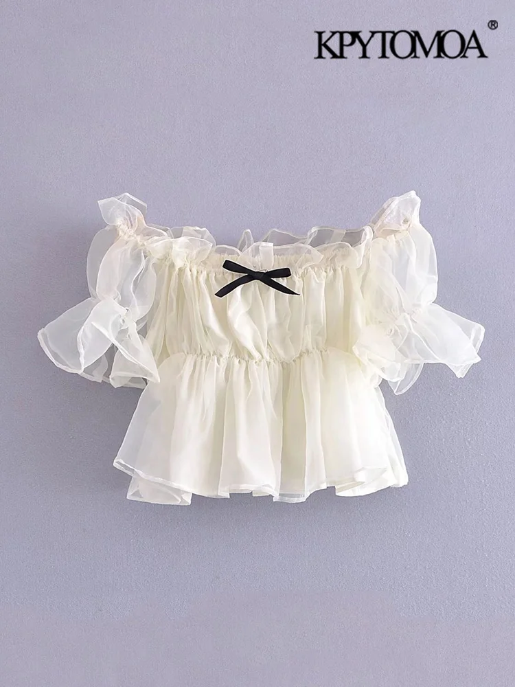 

KPYTOMOA Women Fashion With Ruffled Organza Cropped Blouse VIntage Slash Neck Short Sleeve Female Shirts Blusas Chic Tops