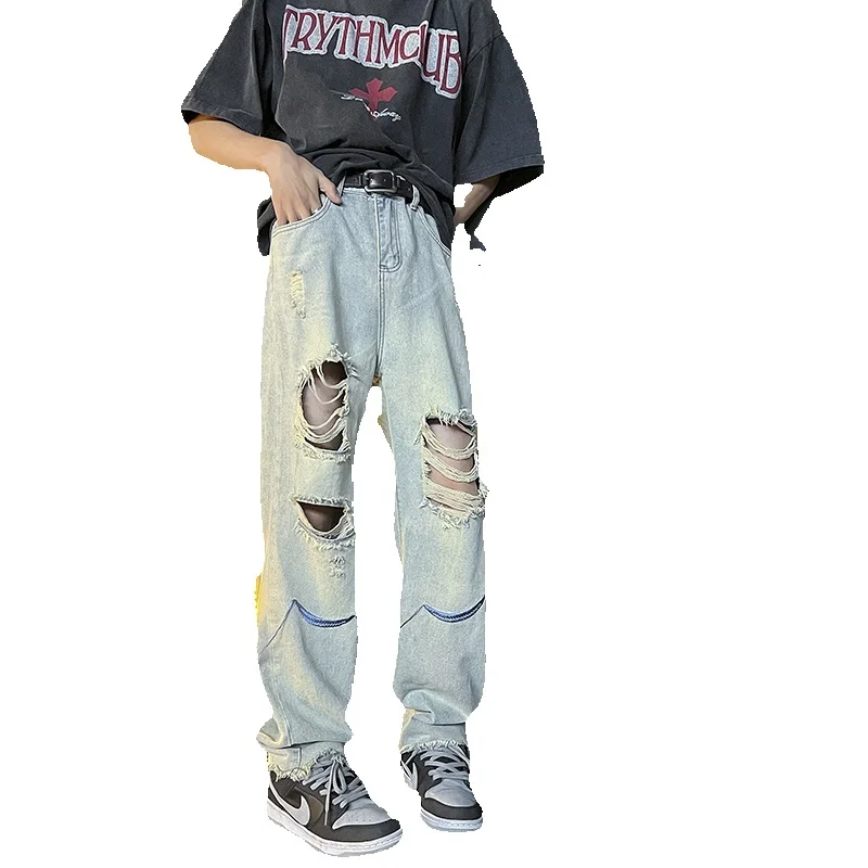 Baggy Ripped Jeans Men Fashion Retro Casual Straight Jeans Men Japanese Streetwear Hip-hop Loose Hole Denim Pants Mens Trousers