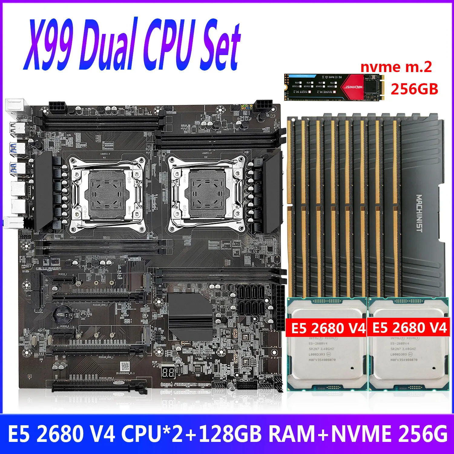 

JGINYUE X99 Motherboard Set Dual CPU X99 Kit with Xeon 2pcs*E5 2680 V4 CPU DDR4 128GB ECC Memory LGA 2011-3 NEME 256G M.2 set
